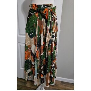 MOTF Women Green Orange Tropical Monstera Leaf Print Viscose Wrap Midi Skirt L